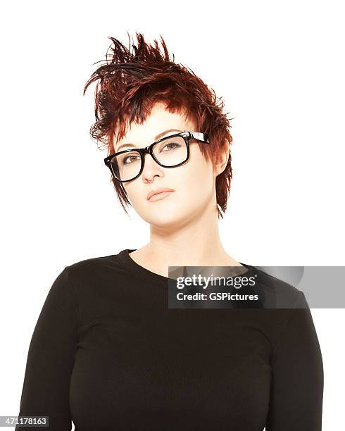 portrait of a funky hipster wearing big black glasses - spiked stock pictures, royalty-free photos & images