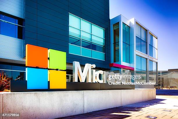 microsoft sign at the entrance of their silicon valley campus - mountain view california stock pictures, royalty-free photos & images