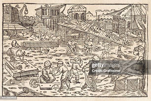 bildbanksillustrationer, clip art samt tecknat material och ikoner med construction site woodcut from 1586 - veläng