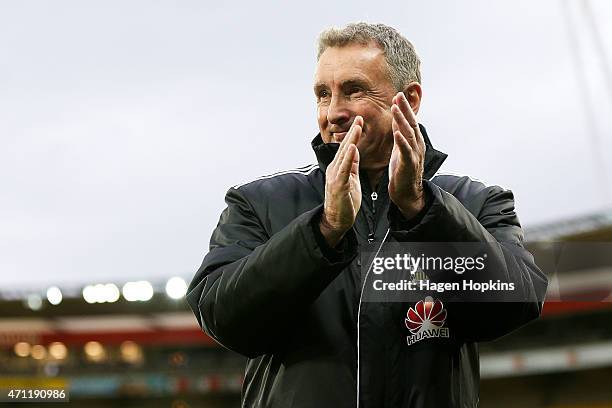 Coach Ernie Merrick of the Phoenix applauds fans prior to the round 26 A-League match between the Wellington Phoenix and Sydney FC at Westpac Stadium...