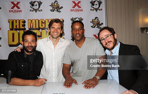 Shaun Weiss, Vincent La Russo, Brandon Quintin Adams and Matt Doherty from the movie "The Mighty Ducks" attends day 2 of the Chiller Theater Expo at...