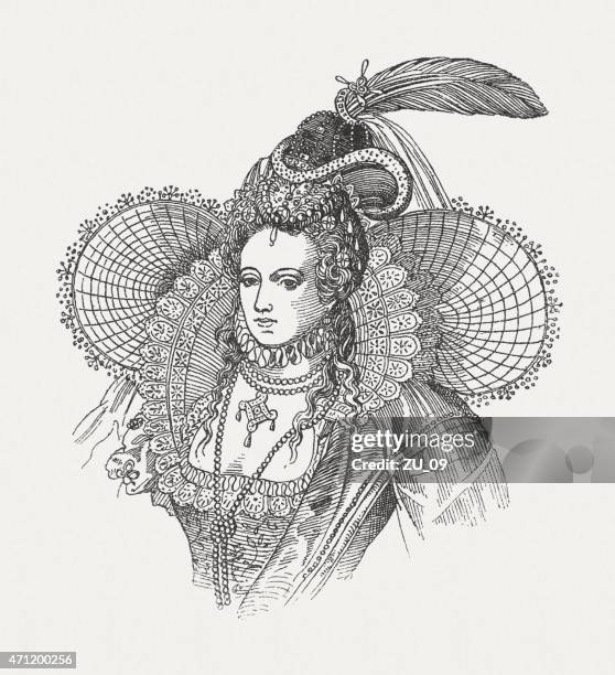 elizabeth i of england (1533-1603), wood engraving, published in 1881 - fascinator stock illustrations