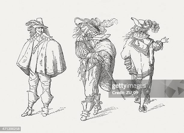 ilustraciones, imágenes clip art, dibujos animados e iconos de stock de los tres mosqueteros (1629) por abraham bosse, publ.   1881 - musketeer