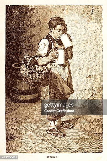 engraving of german boy drinking beer in munich 1881 - brewery stock illustrations