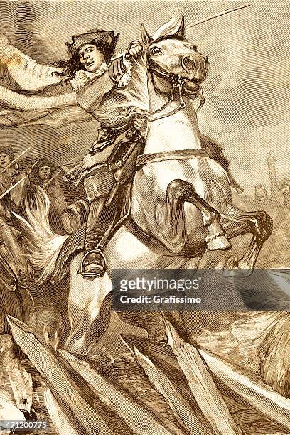 ilustraciones, imágenes clip art, dibujos animados e iconos de stock de grabado de francés mosquetero riding caballo blanco 1881 - musketeer