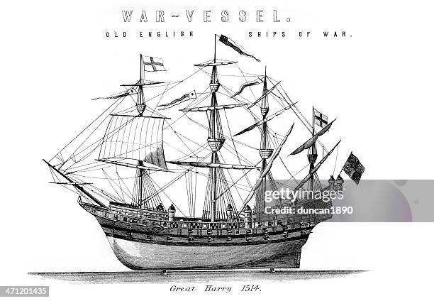 stockillustraties, clipart, cartoons en iconen met english royal navy warship great harry - spinnaker