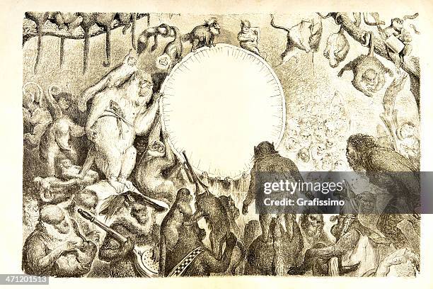 engraving crowd of monkeys with one human 1881 - evolution vintage stock illustrations