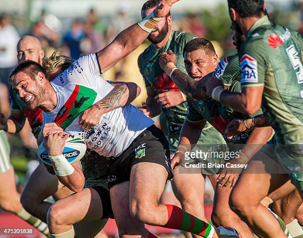 Souths Tim Grant breaks through during the round eight NRL match between the South Sydney Rabbitohs and the Canberra Raiders at Barlow Park on April...