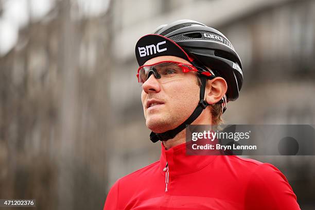 Tejay van Garderen of Belgium and BMC Racing Team arrives at the start during the 101st Liege-Bastogne-Liege cycle road race on April 26, 2015 in...