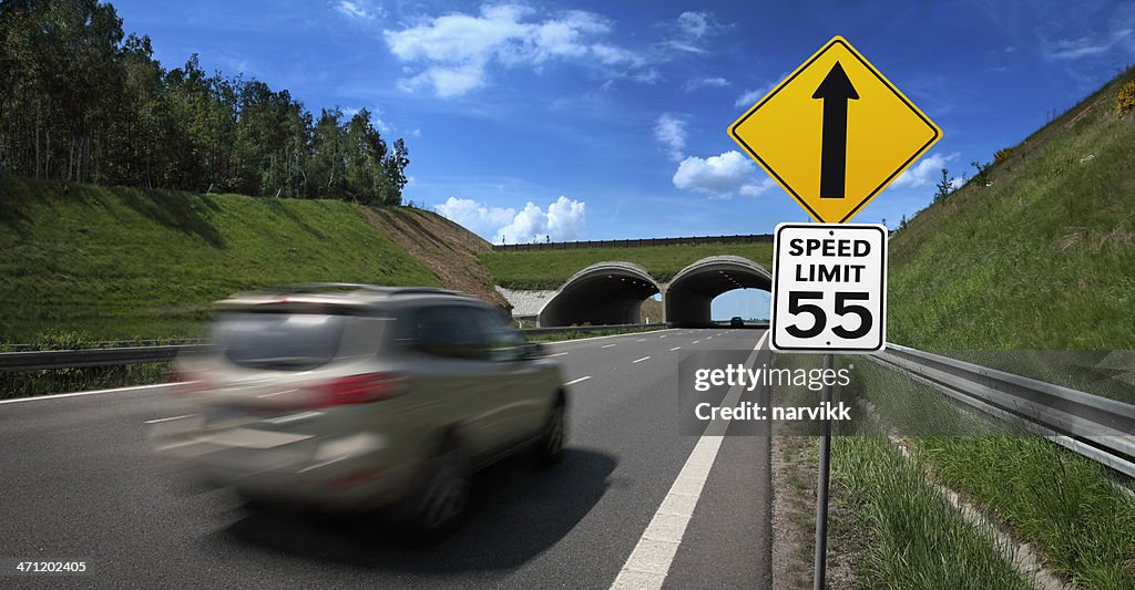 Car Going Fast with Speed Limit Road Sign