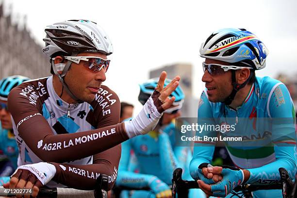 Matteo Montaguti of Italy and AG2R La Mondiale and Vincenzo Nibali of Italy and Astana Pro Team chat at the start during the 101st...