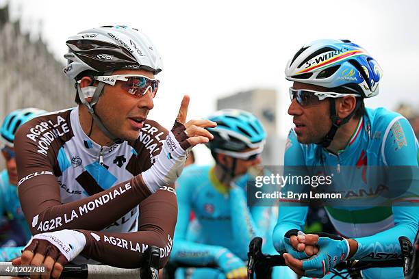 Matteo Montaguti of Italy and AG2R La Mondiale and Vincenzo Nibali of Italy and Astana Pro Team chat at the start during the 101st...