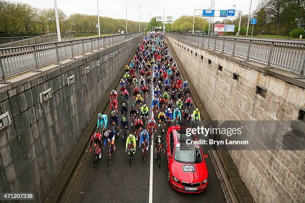 The riders gather at the start during the 101st Liege-Bastogne-Liege cycle road race on April 26, 2015 in Liege, Belgium. .