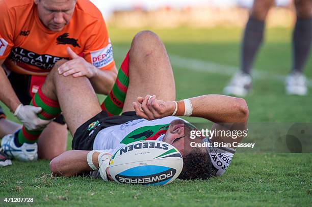 Rabbitohs' Dylan Walker sustained a leg injury during the round eight NRL match between the South Sydney Rabbitohs and the Canberra Raiders at Barlow...