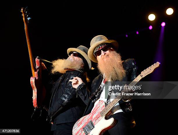 Musicians Dusty Hill and Billy Gibbons of ZZ Top perform onstage during day two of 2015 Stagecoach, California's Country Music Festival, at The...