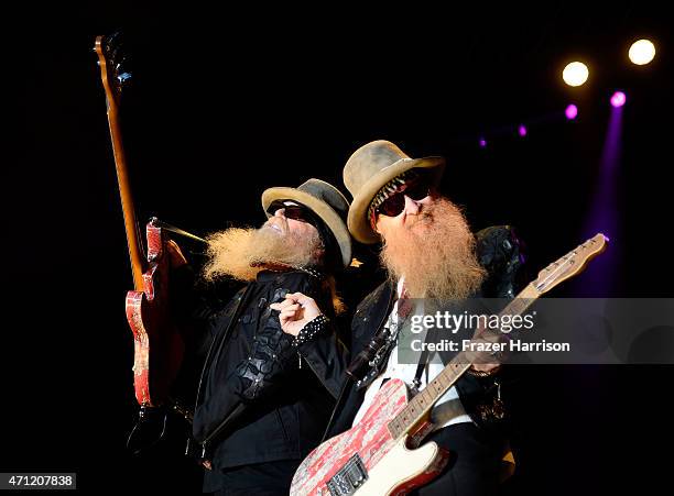 Musicians Dusty Hill and Billy Gibbons of ZZ Top perform onstage during day two of 2015 Stagecoach, California's Country Music Festival, at The...