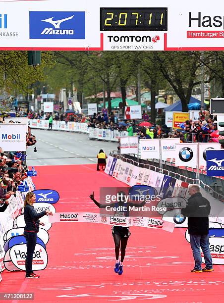 Lucas Rotich of Kenya wins the mens event of the Haspa Hamburg Marathon on April 26, 2015 in Hamburg, Germany.