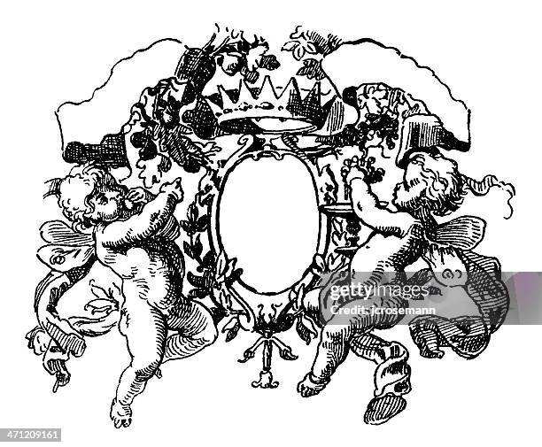 frame with two puttos - angels crest stock illustrations