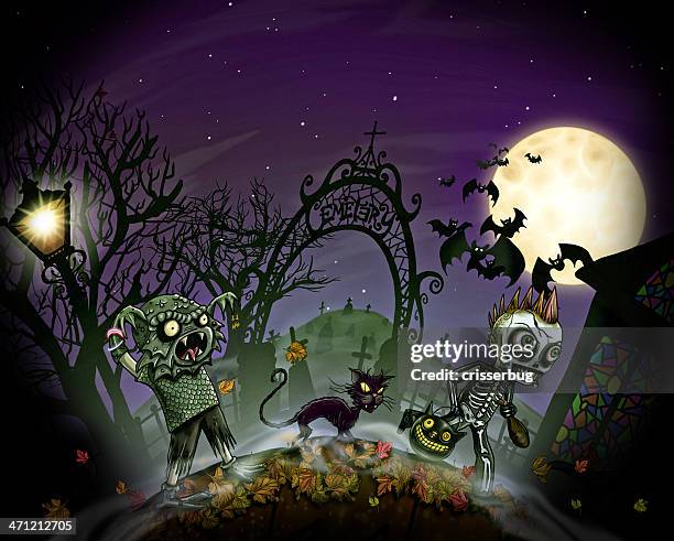 trick or treaters - cat skeleton stock illustrations