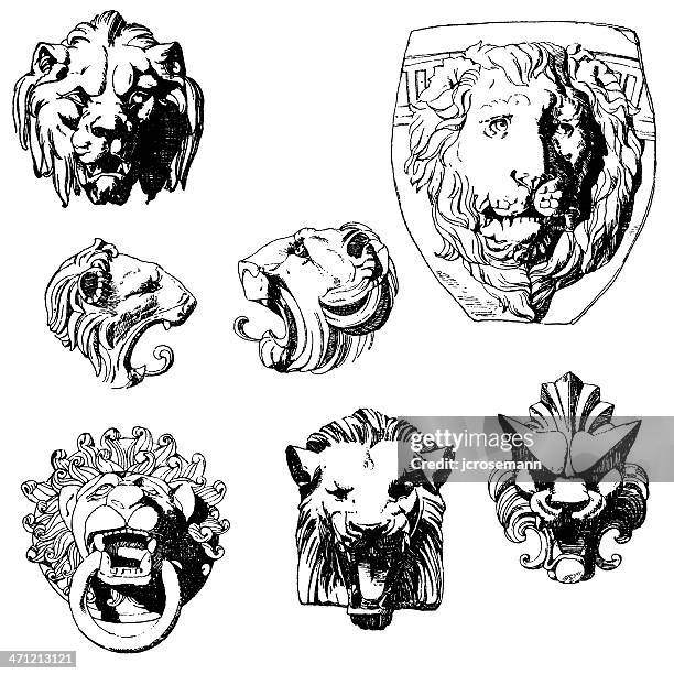 satz von lion heads - lion head illustration stock-grafiken, -clipart, -cartoons und -symbole