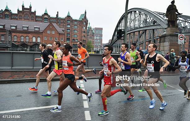 Winner of the ladies race Meseret Hailu of Ethiopia runs during the Hamburg Marathon on April 26, 2015 in Hamburg, Germany.