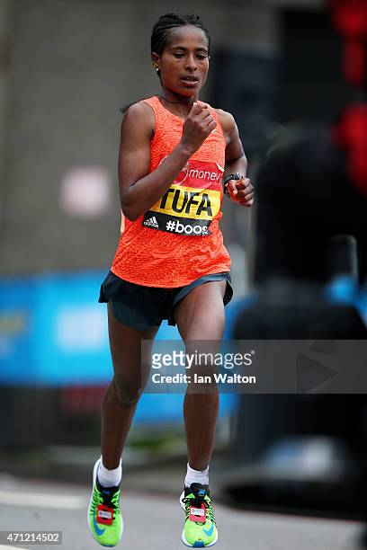 Tigist Tufa of Ethiopia competes during the Virgin Money London Marathon on April 26, 2015 in London, England.