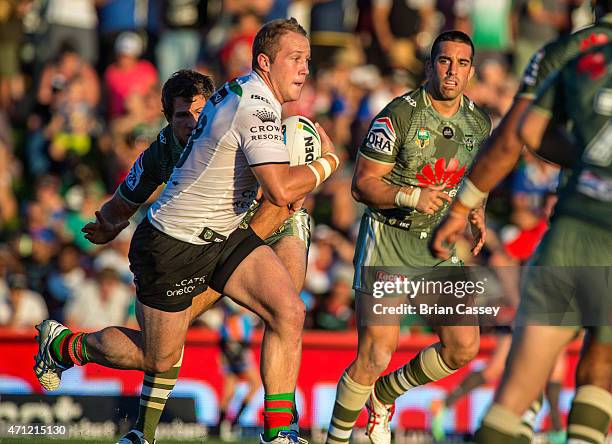 Rabbitoh's Jason Clark takes the ball up to the Canberra defence during the round eight NRL match between the South Sydney Rabbitohs and the Canberra...