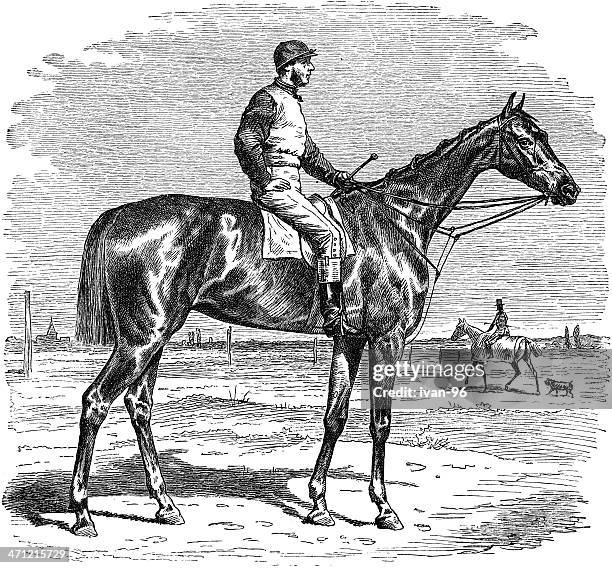 a jockey sitting high on his purebred horse - racing silks stock illustrations