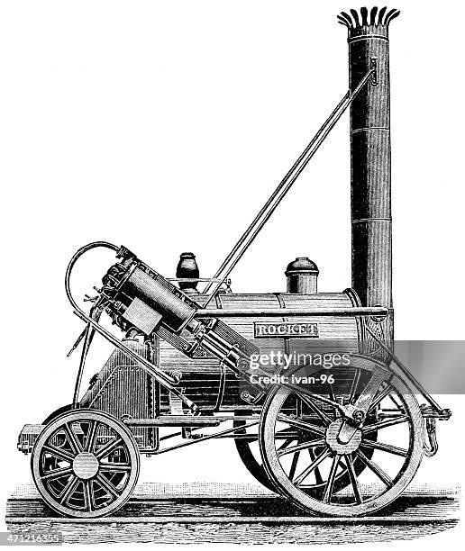 steampunk steam driven catapult contraption lithograph - george stephenson stock illustrations