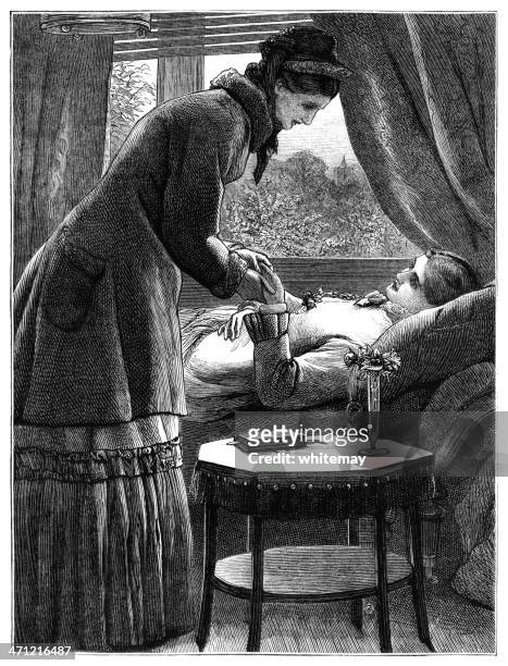 ilustraciones, imágenes clip art, dibujos animados e iconos de stock de mujer victoriana reconfortante un dato inválido-ilustración - 1880