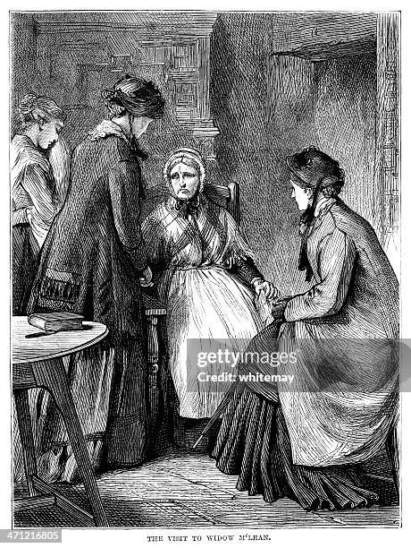 visiting a widow woman - victorian illustration - coat check stock illustrations