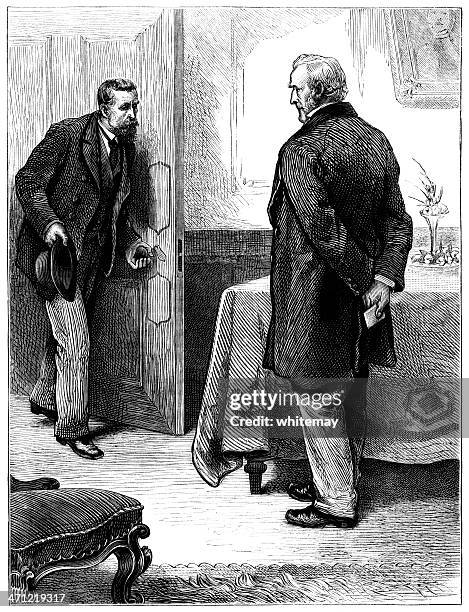 nervous victorian gentleman entering a room - hold door open stock illustrations