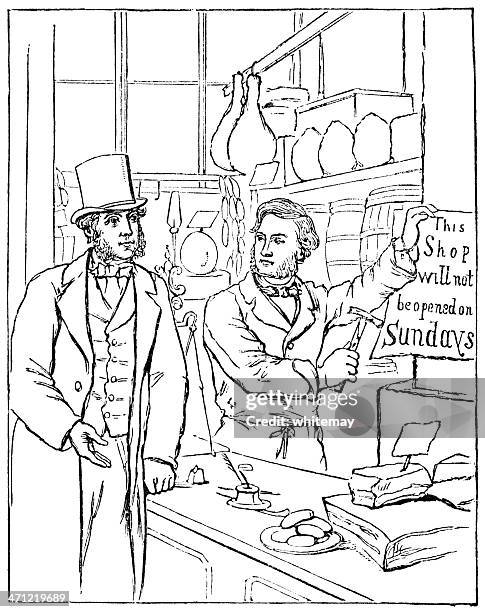 victorian shopkeeper protesting against sunday opening - convenience store interior stock illustrations