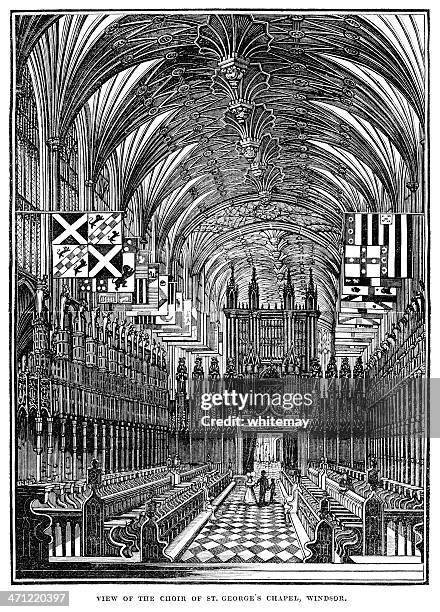 ilustraciones, imágenes clip art, dibujos animados e iconos de stock de interior de st george's chapel, windsor - 1.833 grabado en madera - techo abovedado