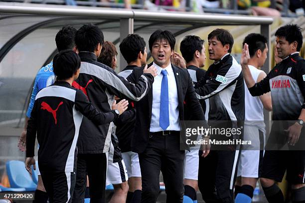 Hiroshi Nanami,coach of Jubilo Iwata celebrates the win during the J.League second division match between JEF United Chiba and Jubilo Iwata at Fukuda...