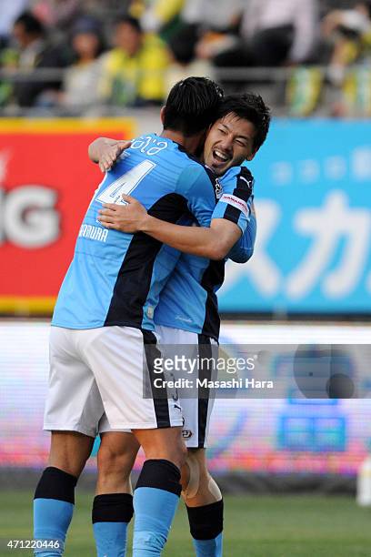 Daisuke Matsui of Jubilo Iwata celebrates the second goal during the J.League second division match between JEF United Chiba and Jubilo Iwata at...
