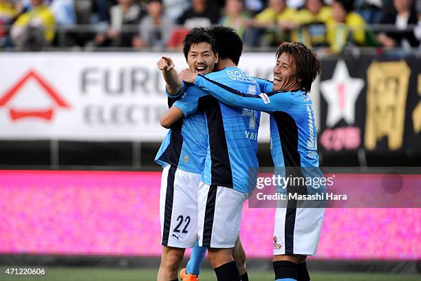 Daisuke Matsui of Jubilo Iwata celebrates the second goal during the J.League second division match between JEF United Chiba and Jubilo Iwata at...