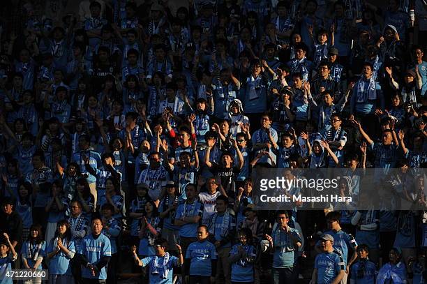 Jubilo Iwata supporters cheer during the J.League second division match between JEF United Chiba and Jubilo Iwata at Fukuda Denshi Arena on April 26,...