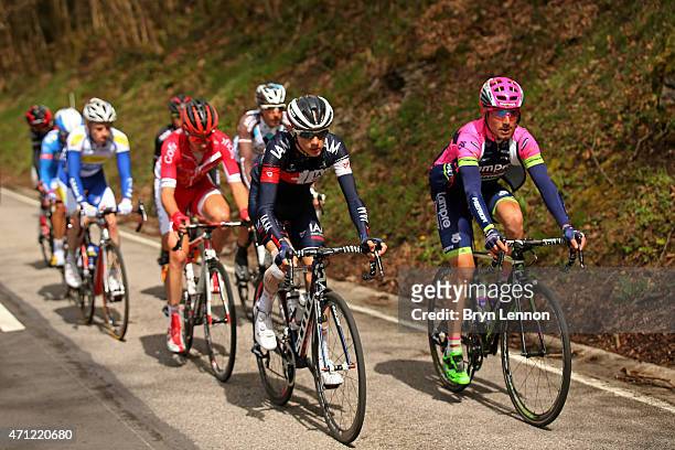 Clement Chevrier of France and IAM Cycling and Matteo Montaguti of Italy and AG2R La Mondiale lead the breakaway group during the 101st...
