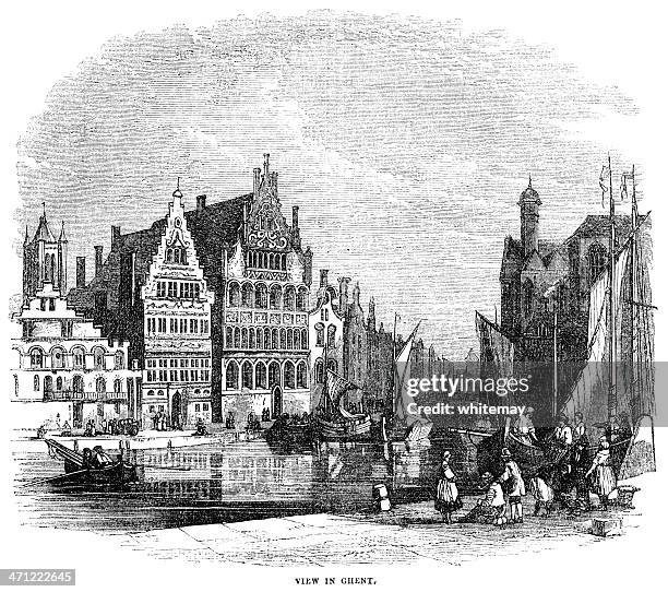 canal scene in ghent - 1855 engraving - ghent belgium stock illustrations