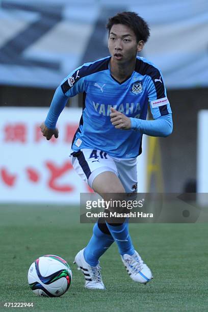 Hayao Kawabe of Jubilo Iwata in action during the J.League second division match between JEF United Chiba and Jubilo Iwata at Fukuda Denshi Arena on...