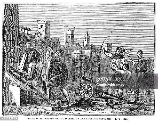 soldiers and cannon of the 14th-15th centuries - longbow stock illustrations
