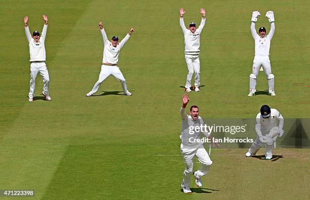 John Hastings of Durham appeals for the wicket of Craig Cachopa during the LV County Championship match between Durham CCC and Sussex CCC at The...