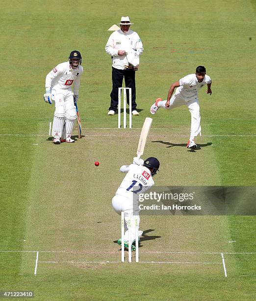 Usman Arshad of Durham bowls to Craig Cachopa of Sussex during the LV County Championship match between Durham CCC and Sussex CCC at The Emirates...