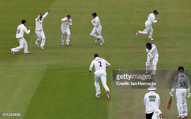 Phils Mustard of Durham taking the catch for the wicket of Craig Cachopa of Sussex during the LV County Championship match between Durham CCC and...