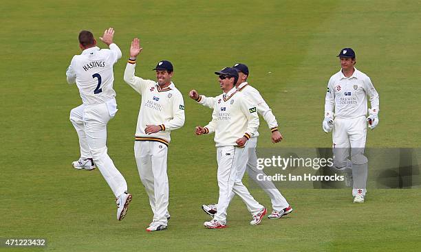 John Hastings of Durham celebrates taking the wicket of Craig Cachopa of Sussex during the LV County Championship match between Durham CCC and Sussex...