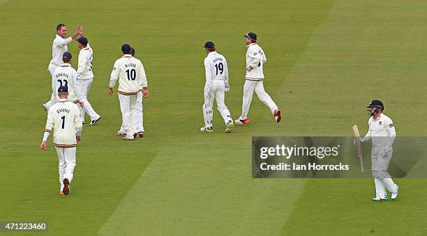 John Hastings of Durham celebrates taking the wicket of Craig Cachopa of Sussex during the LV County Championship match between Durham CCC and Sussex...