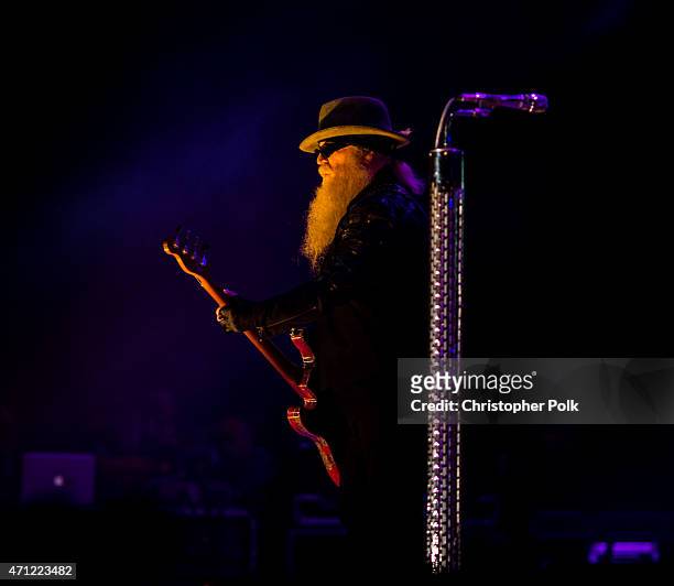 Musicians Dusty Hill of ZZ Top performs onstage during day two of 2015 Stagecoach, California's Country Music Festival, at The Empire Polo Club on...