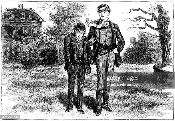 two young men chatting - victorian illustration - prefect school stock illustrations