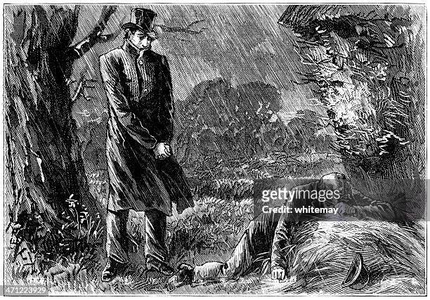 man looking at youth lying on the ground (victorian illustration) - overcoat stock illustrations